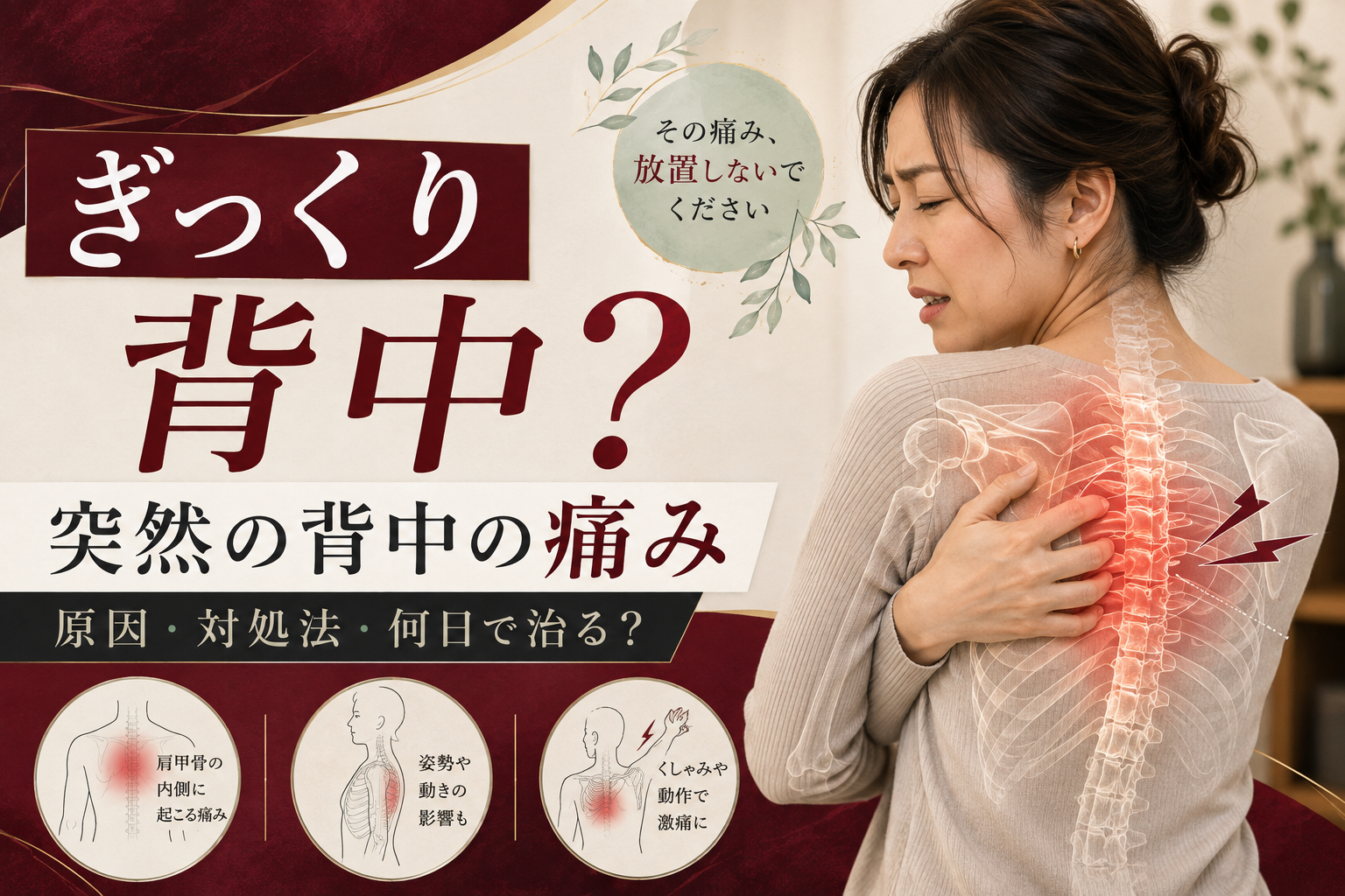 突然の背中の痛みが出た人に向けて、ぎっくり背中の原因や対処法、回復までの考え方を表現したアイキャッチ画像