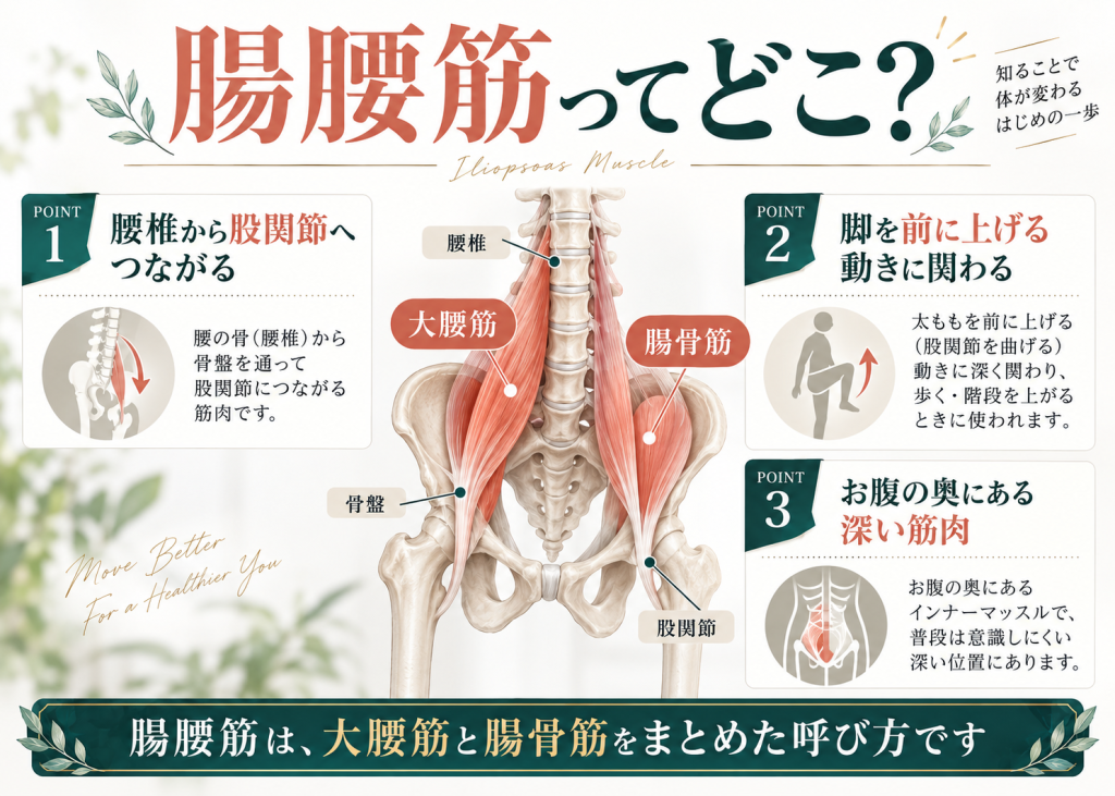 大腰筋と腸骨筋からなる腸腰筋が腰椎から骨盤を通り股関節につながる位置と役割を示した解説画像