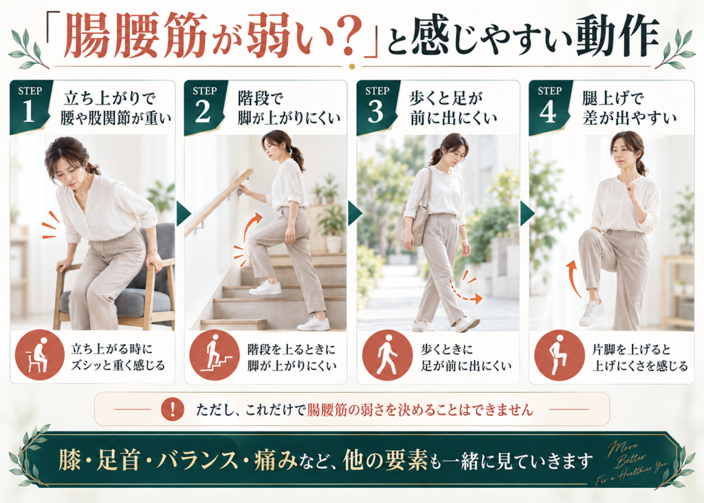 立ち上がり、階段、歩行、腿上げなど腸腰筋の弱さを感じやすい動作をまとめたチェック画像