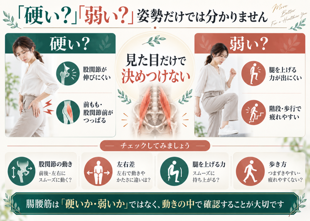 腸腰筋が硬いか弱いかを姿勢だけで決めず、股関節の動きや左右差、脚を上げる力などから確認する図解画像
