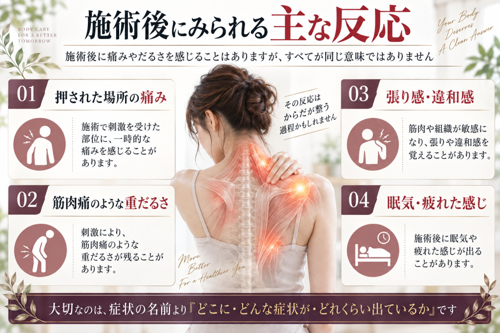 施術後にみられる痛みやだるさなどの主な反応を整理した図