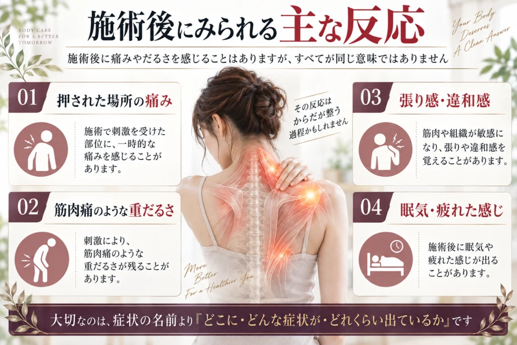 施術後にみられる痛みやだるさなどの主な反応を整理した図
