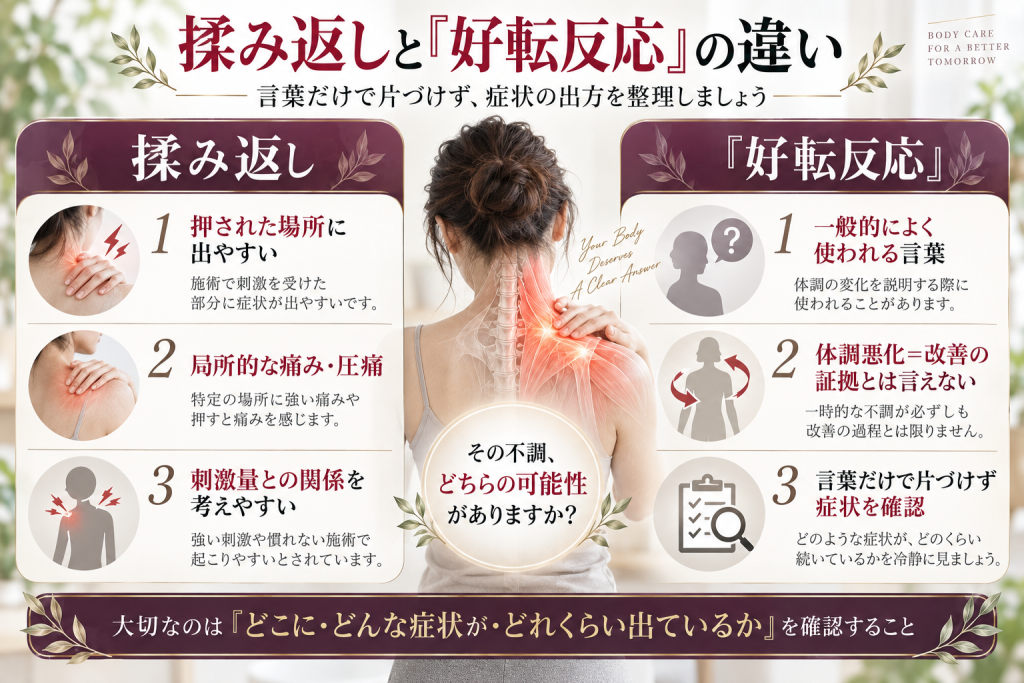 揉み返しと好転反応の考え方の違いを比較した図