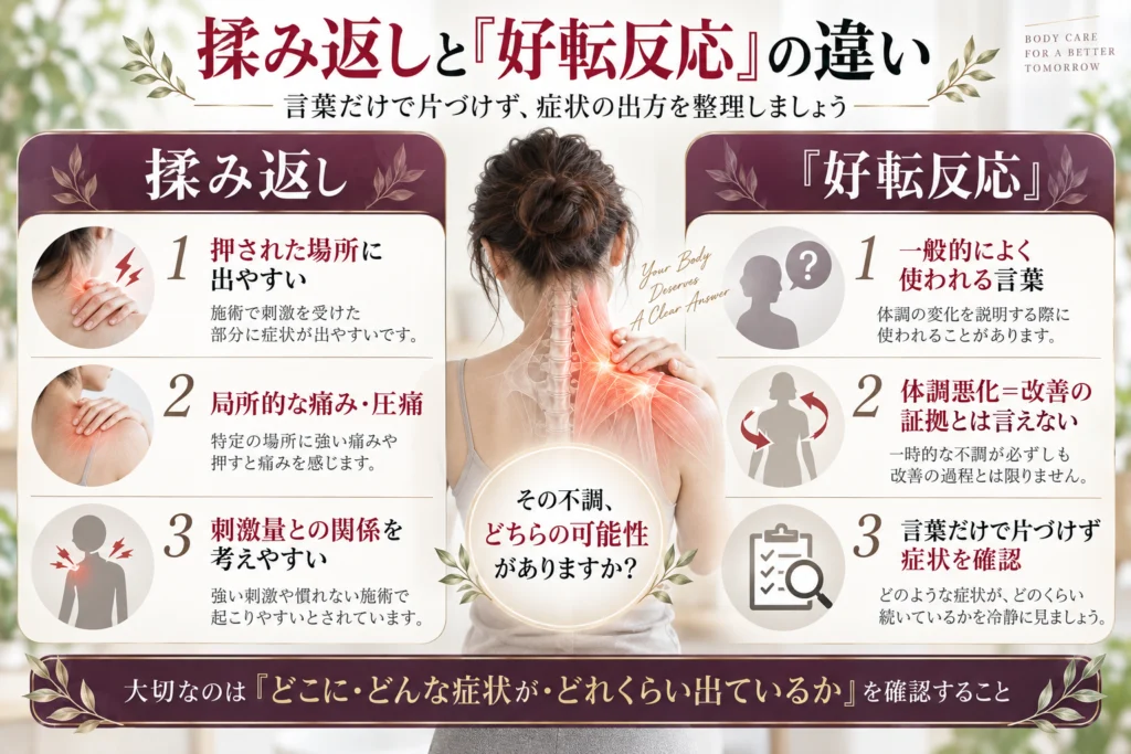揉み返しと好転反応の考え方の違いを比較した図