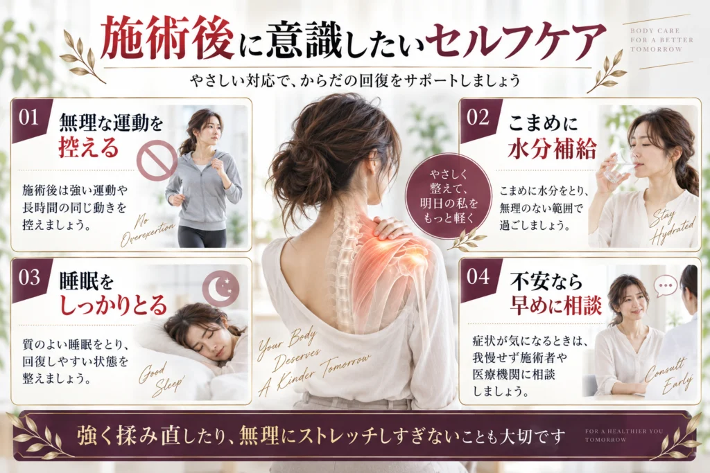 施術後に意識したいセルフケアをまとめた図