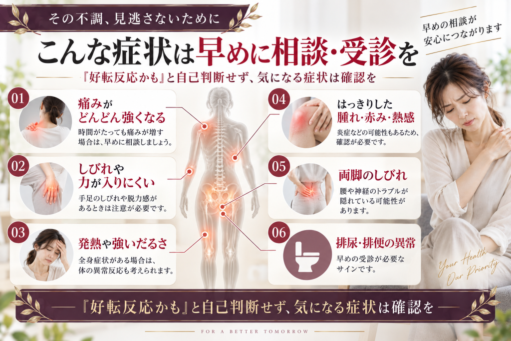 施術後に相談や受診を考えたい注意症状をまとめた図