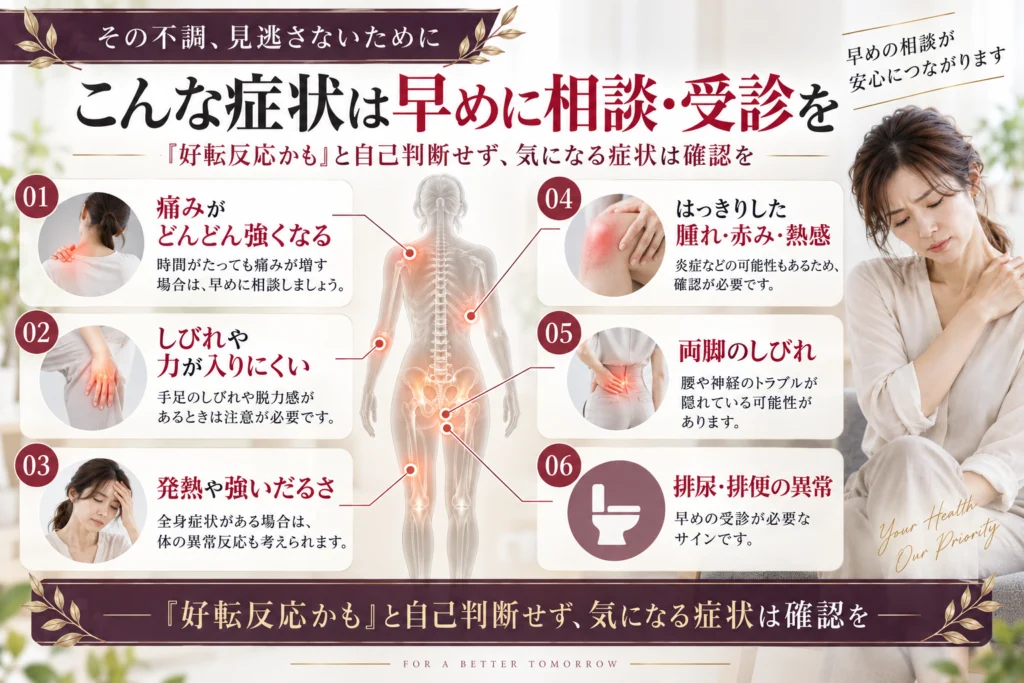 施術後に相談や受診を考えたい注意症状をまとめた図