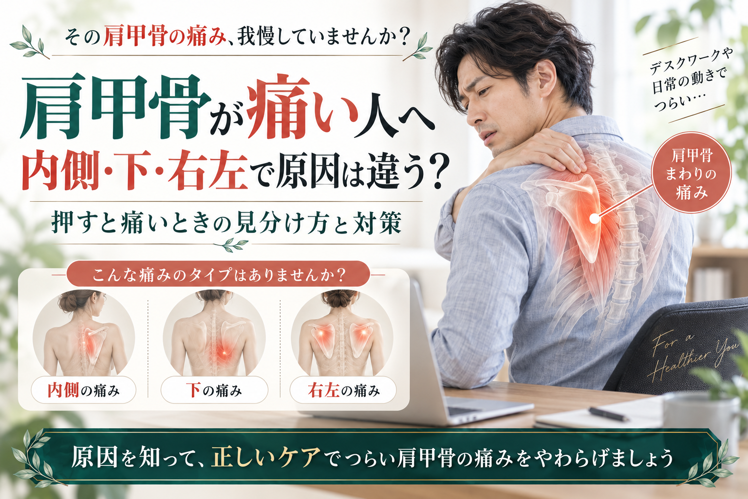 肩甲骨まわりの痛みを気にして首から肩甲骨に手を当てる男性と、肩甲骨の痛みの種類を紹介したアイキャッチ画像