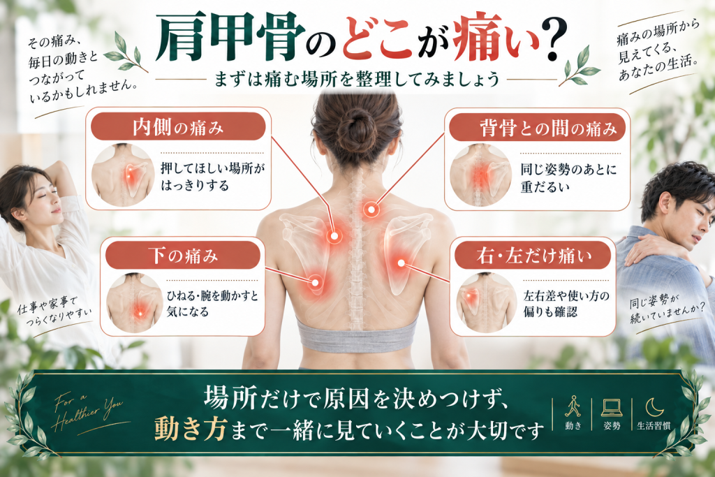 肩甲骨の内側、背骨との間、下、右左の痛みの場所を整理した症状マップ画像