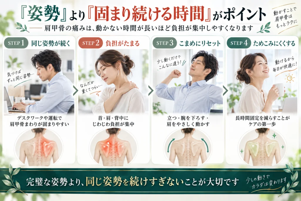 肩甲骨の痛みは姿勢だけでなく同じ姿勢を続ける時間が長いことで負担が集まりやすいことを説明した画像