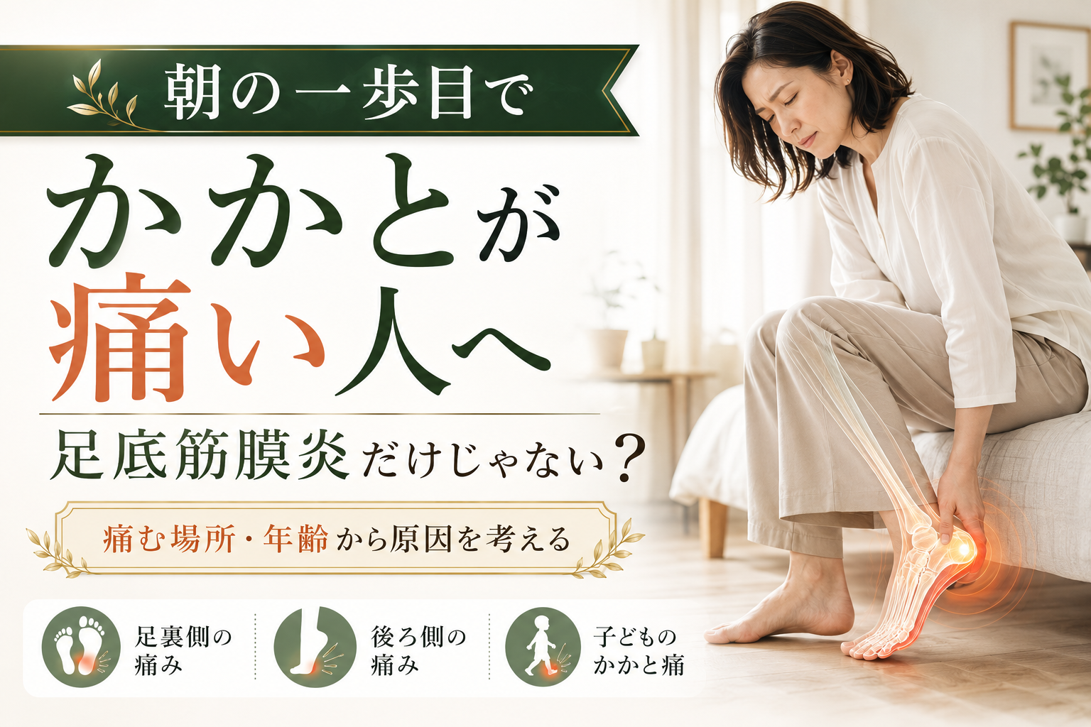 朝の一歩目にかかとが痛む女性と、足底筋膜炎だけではない原因を痛む場所や年齢から考えるアイキャッチ画像