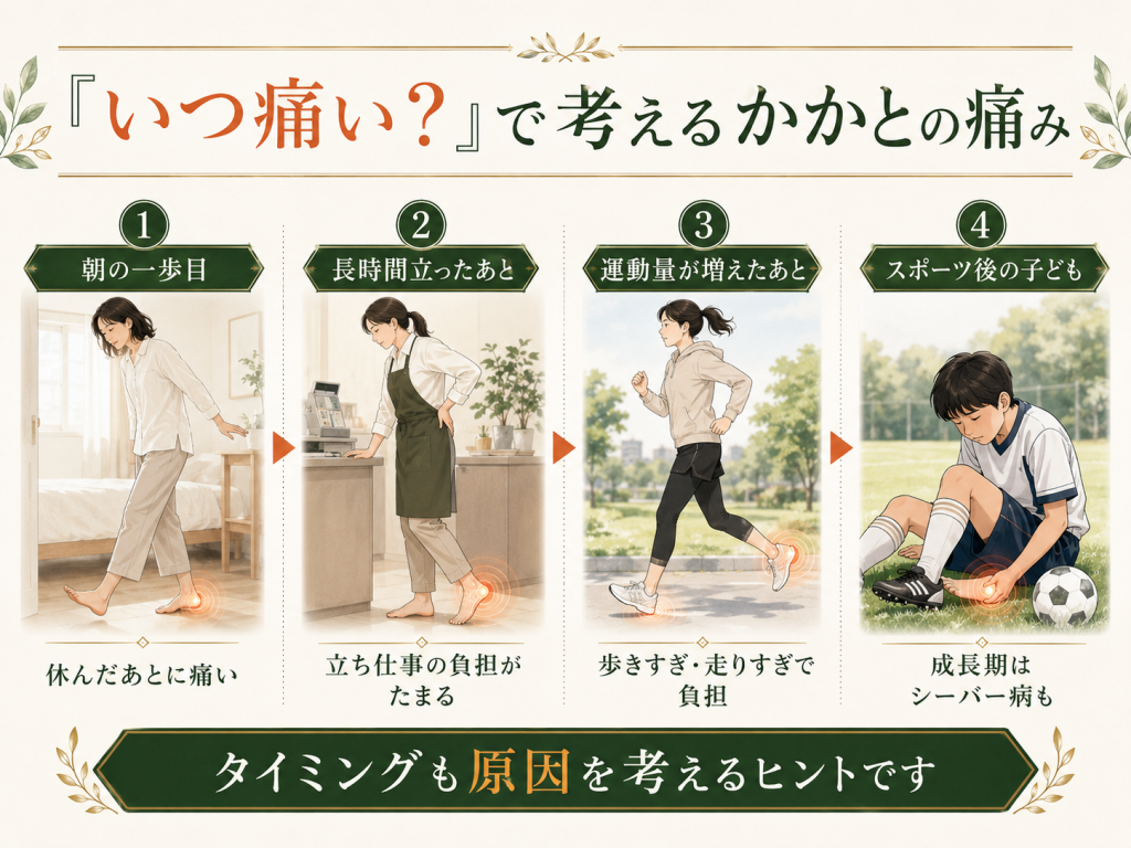 朝の一歩目、長時間立ったあと、運動量が増えたあと、スポーツ後の子どもなど、かかとが痛むタイミングを比較した画像
