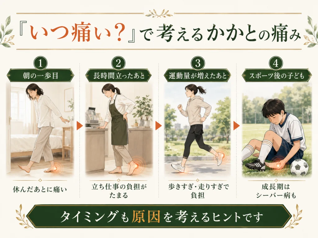 朝の一歩目、長時間立ったあと、運動量が増えたあと、スポーツ後の子どもなど、かかとが痛むタイミングを比較した画像
