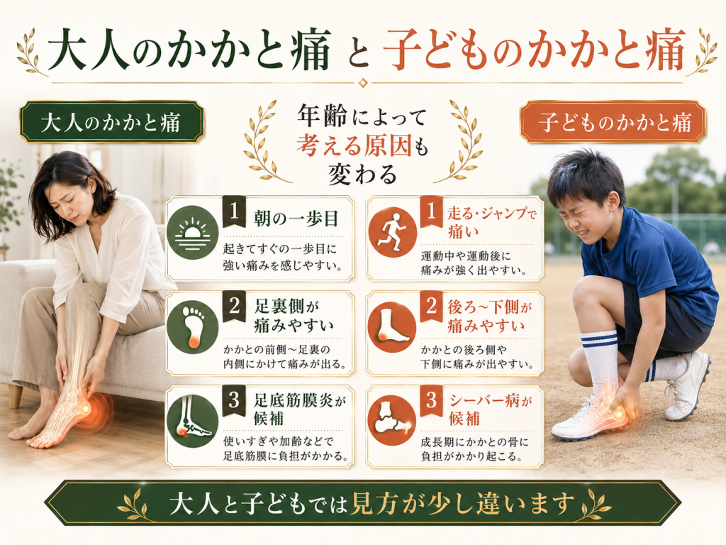 大人のかかと痛と成長期の子どものかかと痛について、足底筋膜炎とシーバー病の特徴を比較した画像