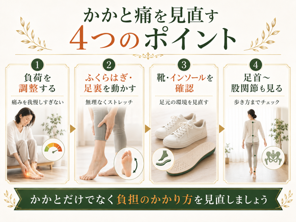 かかとの痛みを見直すための負荷調整、ストレッチ、靴やインソール、足首や股関節の確認をまとめた画像