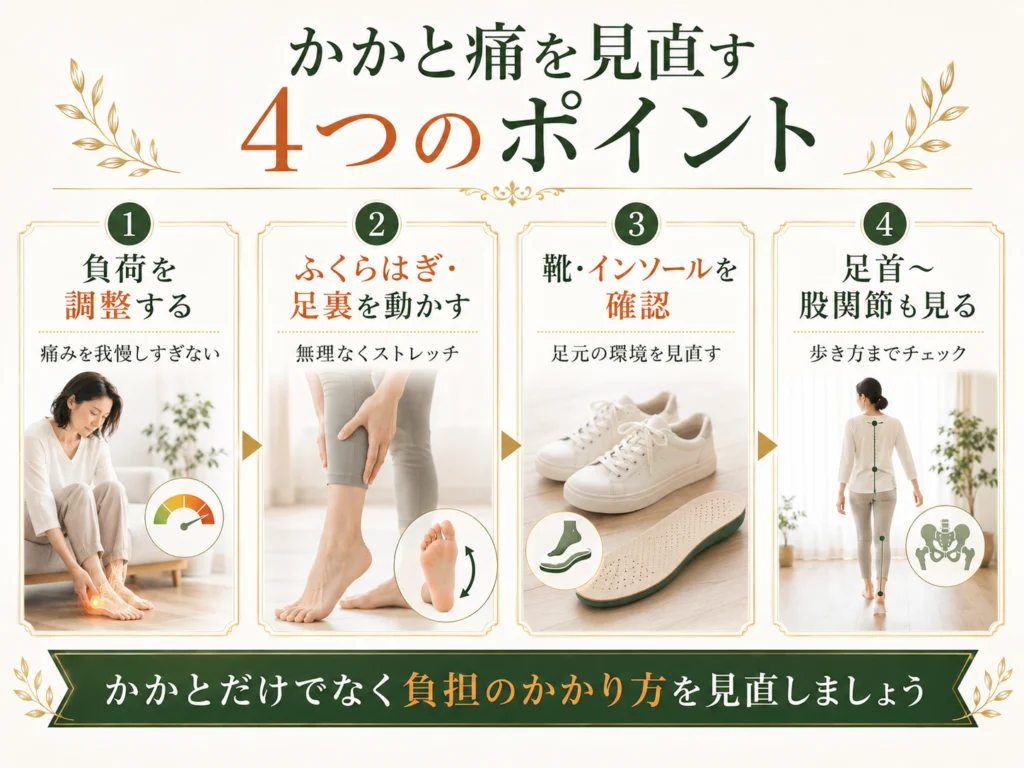 かかとの痛みを見直すための負荷調整、ストレッチ、靴やインソール、足首や股関節の確認をまとめた画像