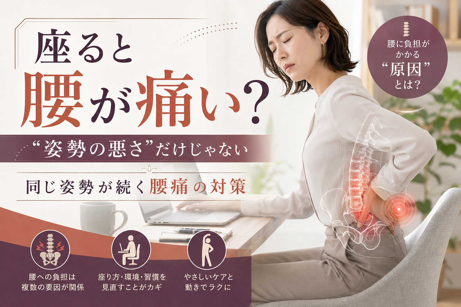 座ると腰が痛い人に向けて、姿勢だけでなく長時間同じ姿勢が続くことや身体の使い方が関係することを表現したアイキャッチ画像