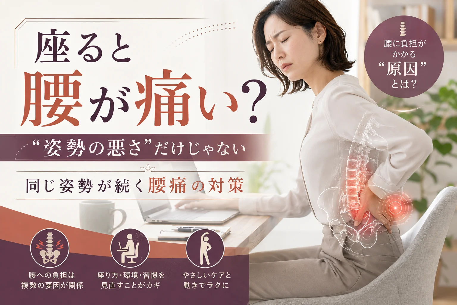 座ると腰が痛い人に向けて、姿勢だけでなく長時間同じ姿勢が続くことや身体の使い方が関係することを表現したアイキャッチ画像