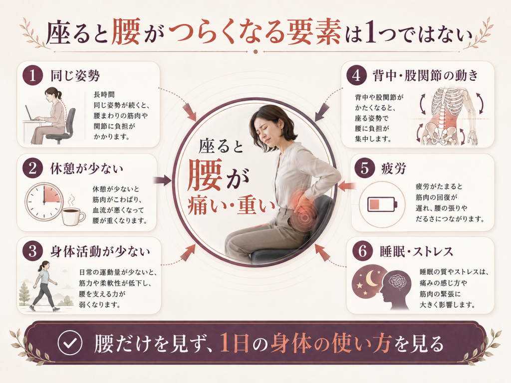 座ると腰が痛い・重い状態に、同じ姿勢、休憩不足、活動量、背中や股関節の動き、疲労、睡眠やストレスなどが関係することを示した図解画像