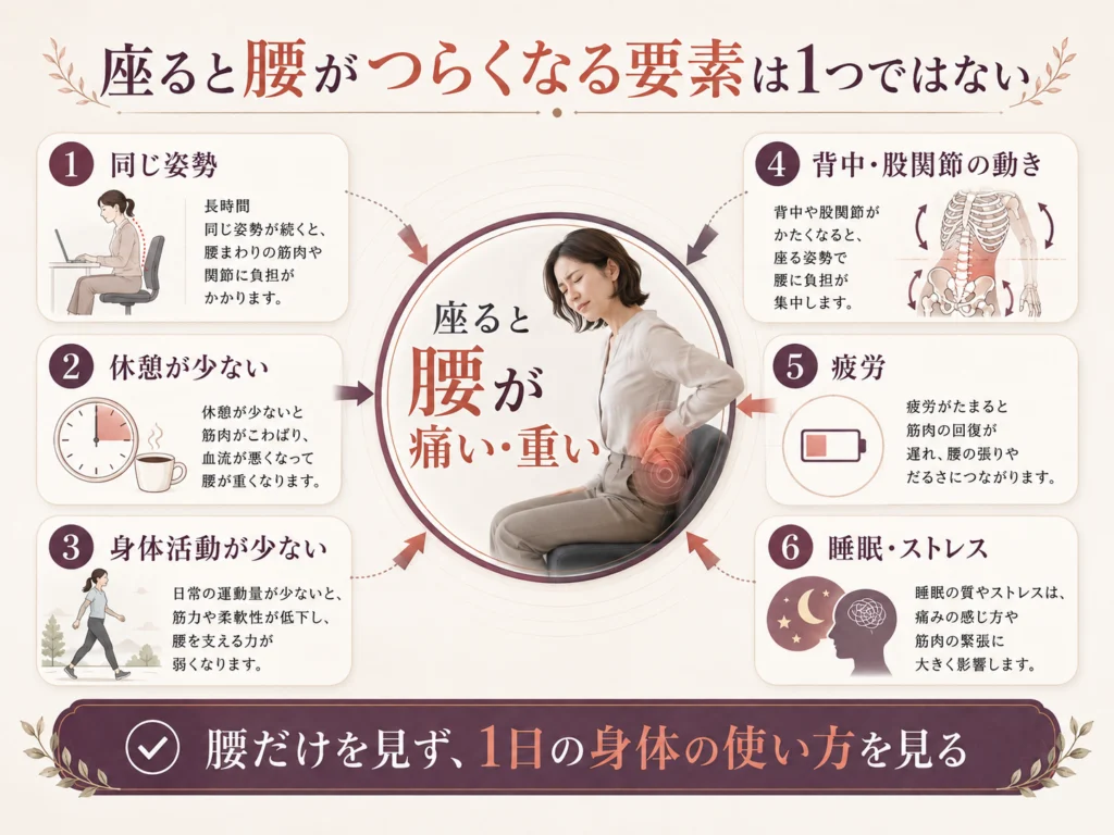 座ると腰が痛い・重い状態に、同じ姿勢、休憩不足、活動量、背中や股関節の動き、疲労、睡眠やストレスなどが関係することを示した図解画像