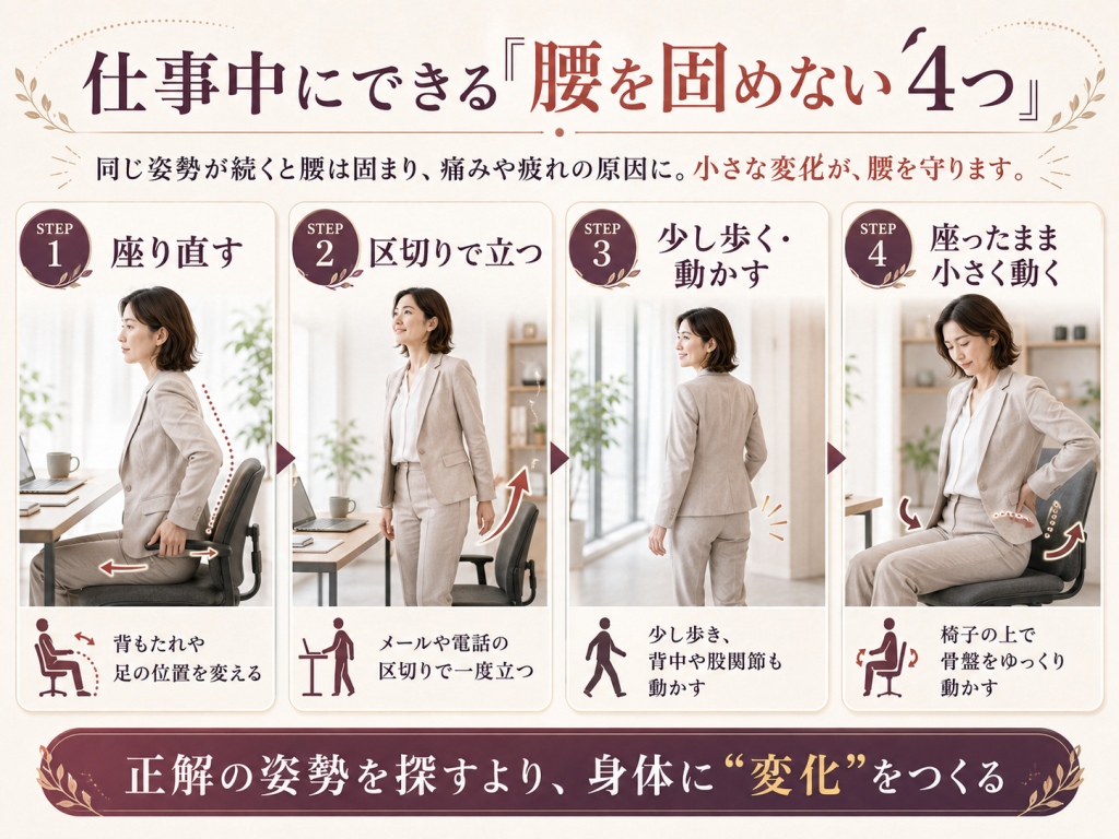 デスクワーク中に座り直す、立つ、歩く、座ったまま小さく動くという腰を固めない4つの工夫をまとめた画像