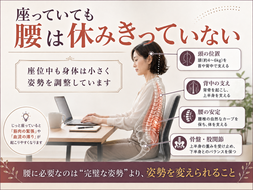 座っている間も頭・背中・腰・骨盤まわりが姿勢を調整していることを示した図解画像