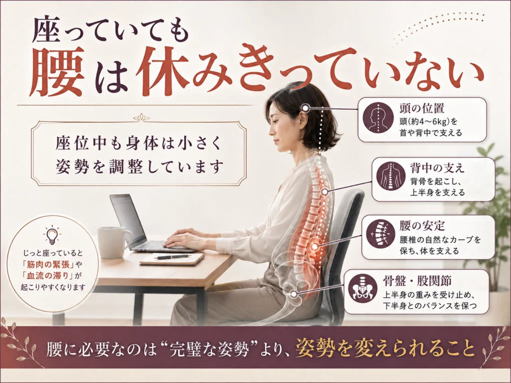 座っている間も頭・背中・腰・骨盤まわりが姿勢を調整していることを示した図解画像