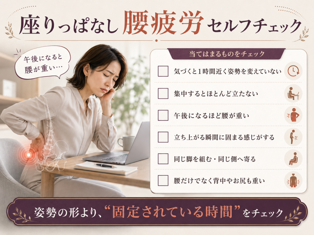 長時間の座りっぱなしや立つ回数の少なさ、午後の腰の重さなどを確認する腰疲労セルフチェック画像
