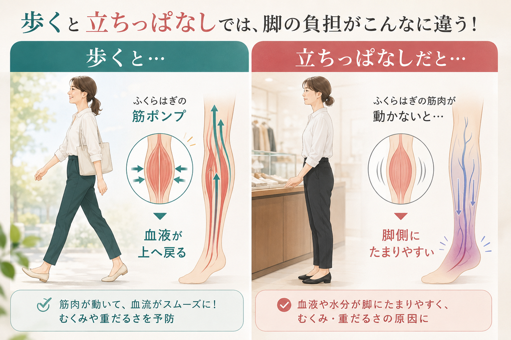 歩行時と立ちっぱなしでのふくらはぎの筋ポンプと脚への負担の違い