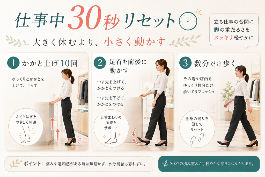 立ち仕事中にできるかかと上げ・足首運動・歩行の30秒セルフケア