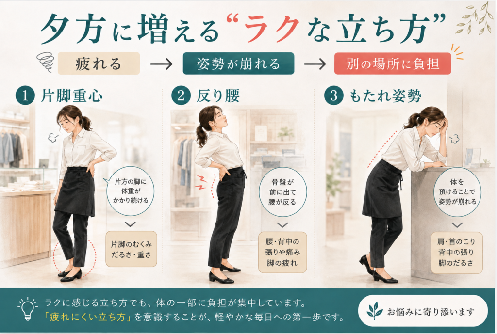 立ち仕事で疲れたときに起こりやすい片脚重心・反り腰・もたれ姿勢