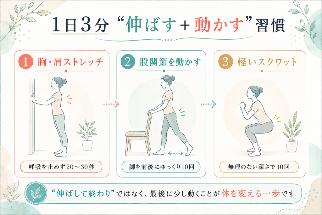 胸肩ストレッチと股関節の運動と軽いスクワットを組み合わせた1日3分の習慣
