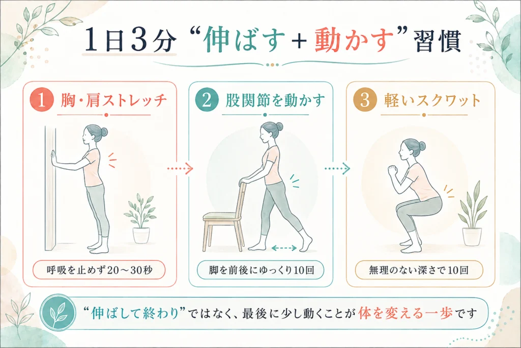 胸肩ストレッチと股関節の運動と軽いスクワットを組み合わせた1日3分の習慣