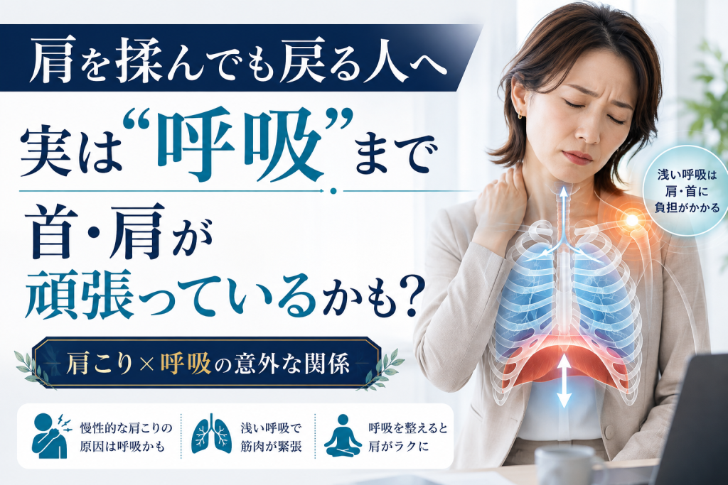 肩こりがある人に呼吸の浅さが関係する可能性を表現したアイキャッチ画像