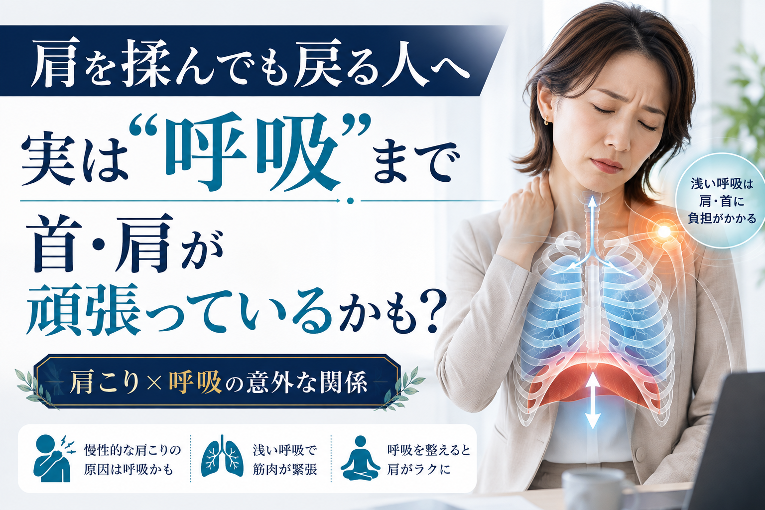 肩こりがある人に呼吸の浅さが関係する可能性を表現したアイキャッチ画像