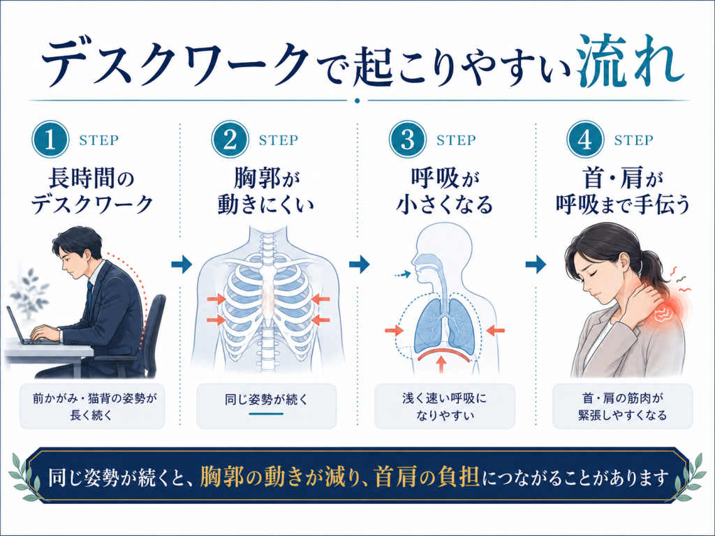 デスクワークによって胸郭の動きが減り呼吸が浅くなって首肩に負担がかかる流れを示す図