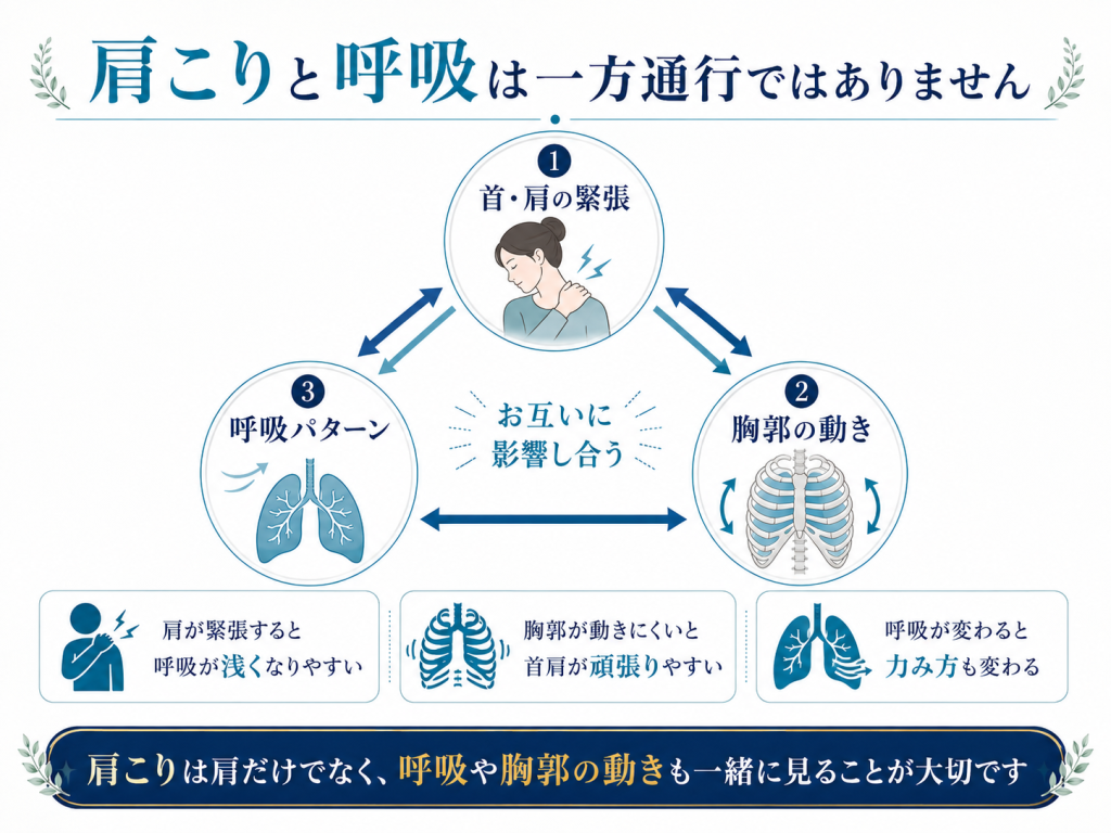 肩こりと胸郭の動きと呼吸パターンが相互に関係することを説明する図