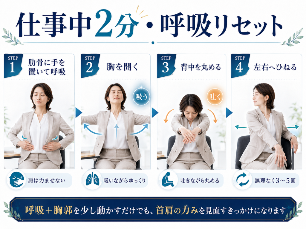 仕事中にできる呼吸リセットとして肋骨呼吸や胸を開く動きなどを紹介する図