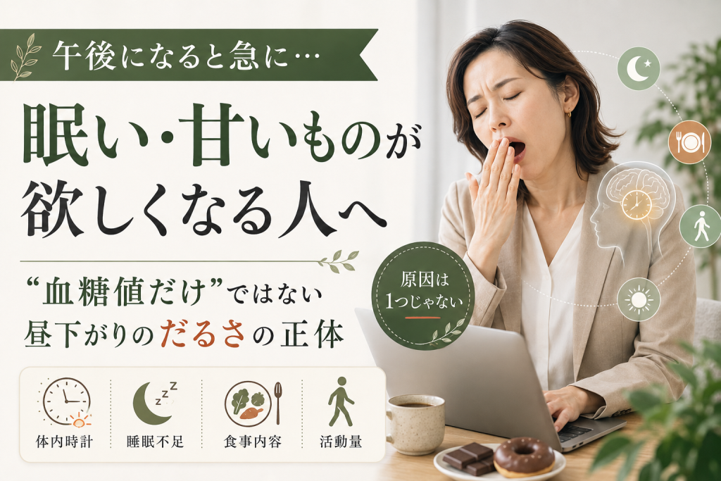 午後になると眠い・甘いものが欲しくなる原因を血糖値だけではなく体内時計や睡眠不足などの視点から表現したアイキャッチ画像