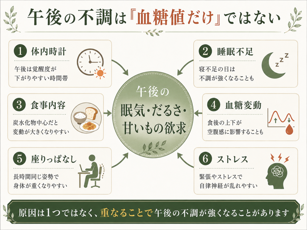 午後の眠気やだるさ、甘いものへの欲求に体内時計、睡眠不足、食事内容、血糖変動、座りっぱなし、ストレスが関わることを示した図解画像