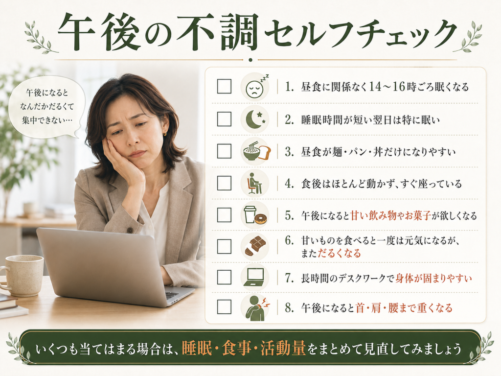 午後の眠気やだるさ、甘いものが欲しくなる状態を確認するためのセルフチェック画像