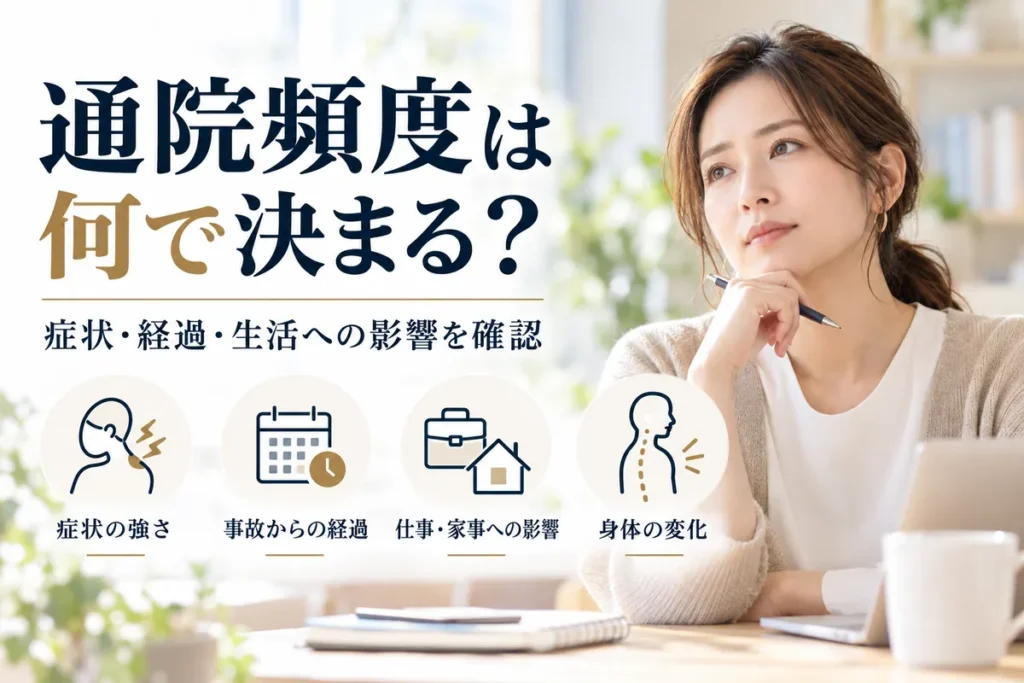 交通事故後の通院頻度を症状の強さや事故からの経過、仕事や家事への影響から考える図解