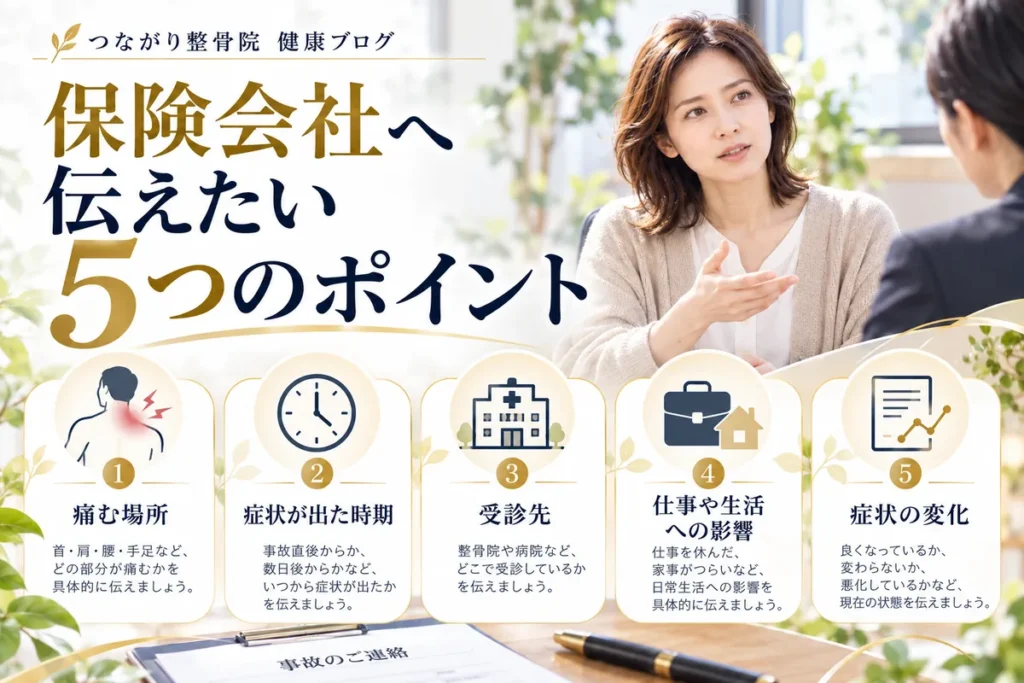 交通事故後に保険会社へ伝えたい症状や通院先、仕事への影響など5つのポイント
