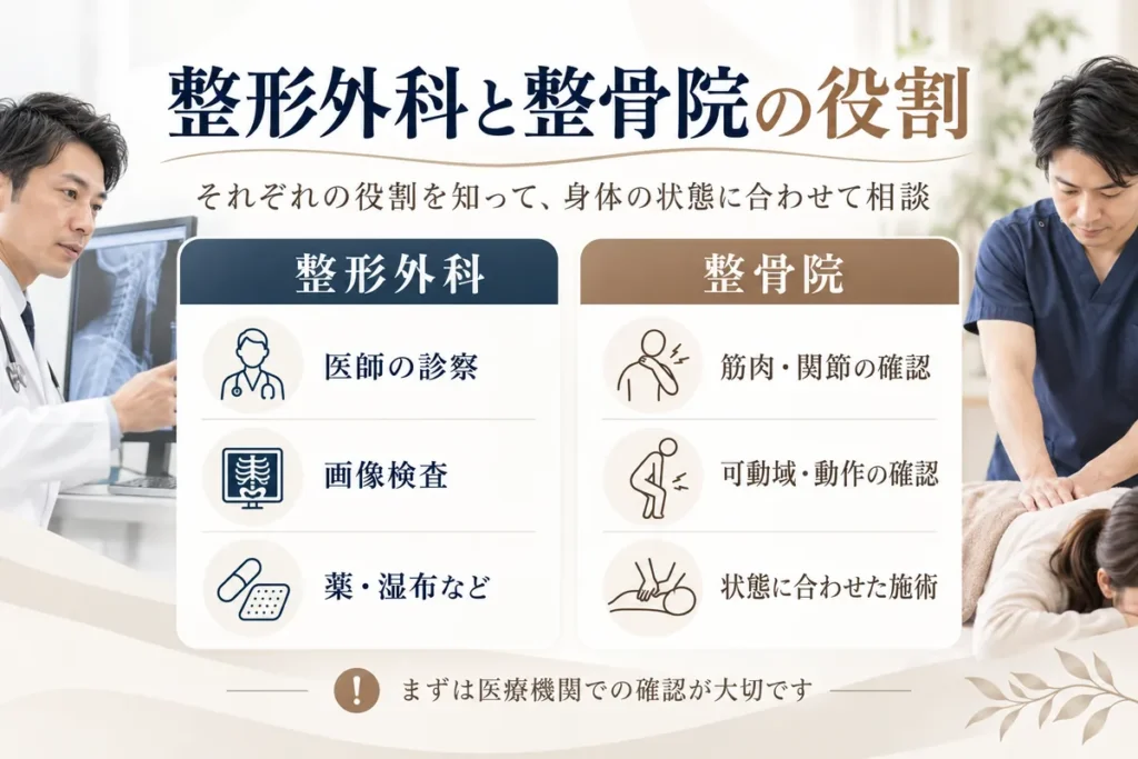 交通事故後の整形外科と整骨院それぞれの役割を比較した図解