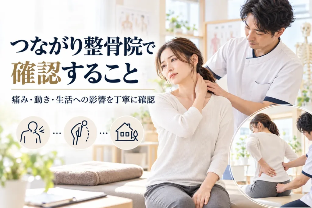 つながり整骨院で交通事故後の首や腰の動きと生活への影響を確認している様子